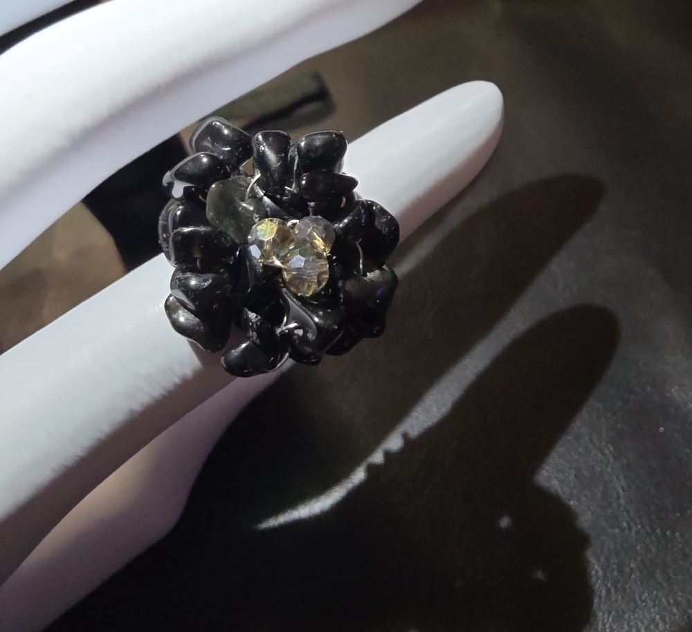 Black Floral Statement Ring with Crystal Accent